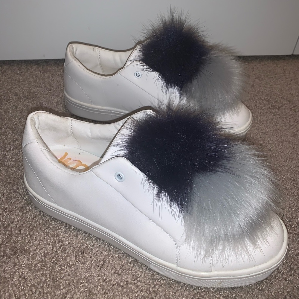 White Sam Edelman Sneakers with Grey and Navy Poms - Picture 7 of 10